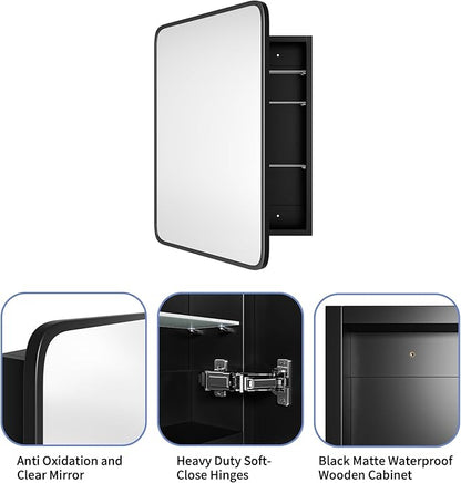 Bathroom Wood Black Cabinet with 20''x30'' Black Metal Frame Curved Mirror, Recessed Medicine Cabinet, Bathroom Storage Cabinet