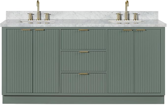 ARIEL Milan 72-inch Bathroom Vanity with Sink,Solid Wood, 1.5-inch Italian Carrara Marble Countertop, Double Rectangular Porcelain Sink, Soft Closing Doors, Dovetail Drawers, Vintage Green