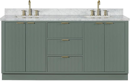 ARIEL Milan 72-inch Bathroom Vanity with Sink,Solid Wood, 1.5-inch Italian Carrara Marble Countertop, Double Rectangular Porcelain Sink, Soft Closing Doors, Dovetail Drawers, Vintage Green
