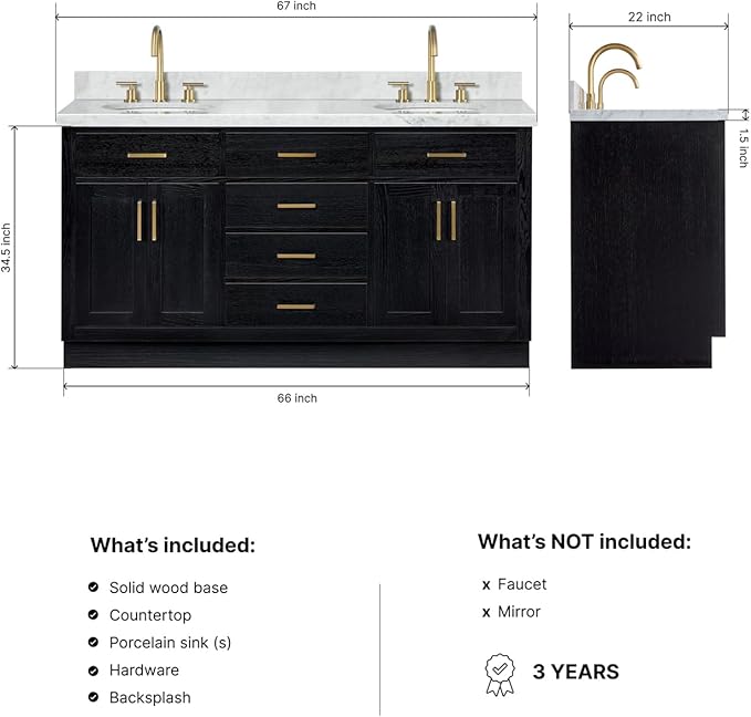 ARIEL Hepburn 66-inch Bathroom Vanity with Sink,Solid Wood, 1.5-inch Italian Carrara Marble Countertop & Backsplash, Double Oval Porcelain Sink, 4 Soft Closing Doors, 6 Dovetail Drawers, Black Oak