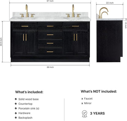 ARIEL Hepburn 66-inch Bathroom Vanity with Sink,Solid Wood, 1.5-inch Italian Carrara Marble Countertop & Backsplash, Double Oval Porcelain Sink, 4 Soft Closing Doors, 6 Dovetail Drawers, Black Oak