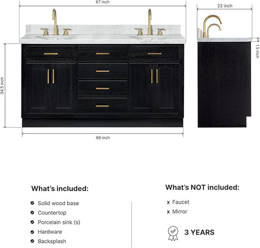 ARIEL Hepburn 66-inch Bathroom Vanity with Sink,Solid Wood, 1.5-inch Italian Carrara Marble Countertop & Backsplash, Double Oval Porcelain Sink, 4 Soft Closing Doors, 6 Dovetail Drawers, Black Oak
