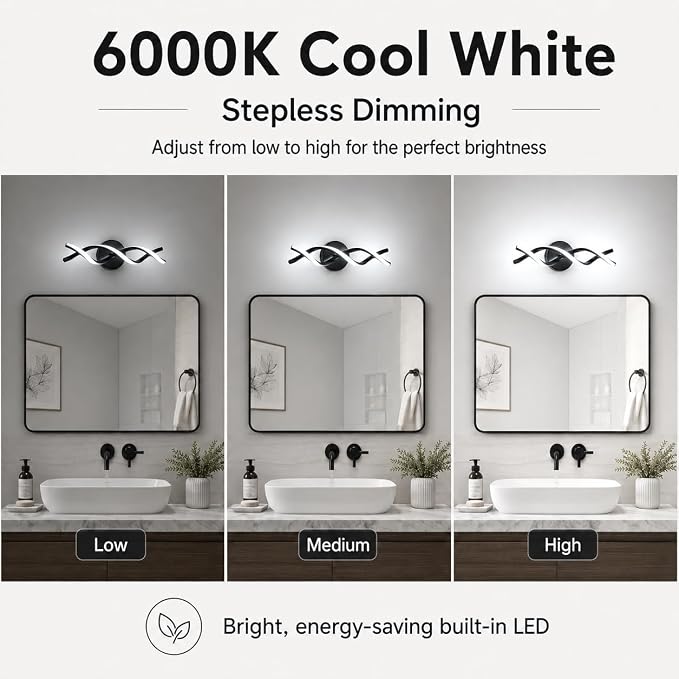 Modern Black LED Vanity Lighting,Bathroom Light Fixture Over Mirror,18 Inch,6000K Cool White