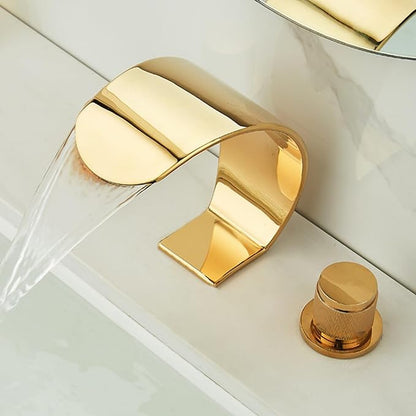 Bathroom Basin Mixer Faucet 3 Hole Waterfall 3 Hole Basin Faucets Brass-Gold