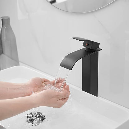 BWE Vessel Sink Faucet Modern Waterfall Matte Black Single Hole Bathroom Faucet Single Handle with Pop up Drain Without Overflow Assembly Vanity Basin Bath Sink Faucets Mixer Tap