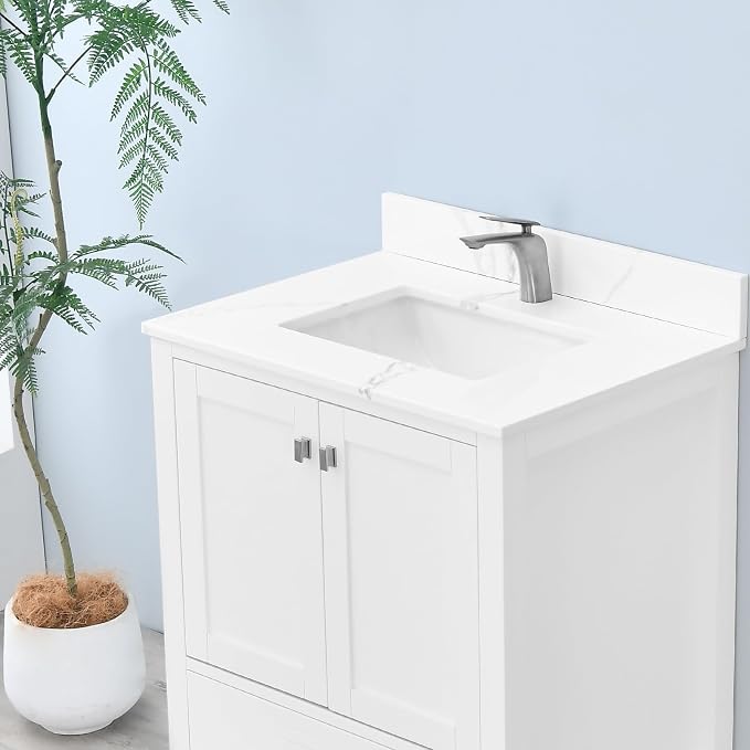 30 in. W x 22 in D Quartz Vanity Top in Calacatta Rocky, Vanity Sink Top with Assembled Single Drop-in Sink, Pre-Drilled Single Faucet Hole Countertop with 4" H Backsplash