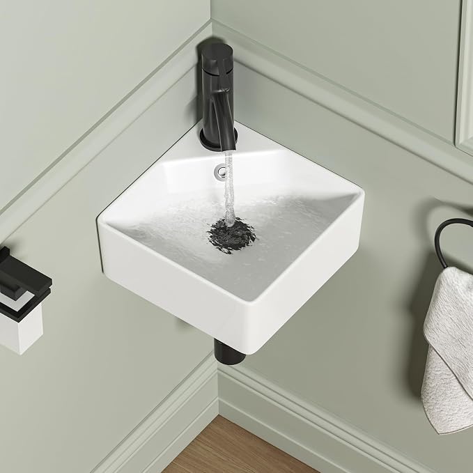 Wall Mount Corner Bathroom Sink, QISHKA 12" X 12" Square Floating Ceramic Wash Hand Basin Small White Wall Mount Vanity Sink with Single Faucet Hole and Overflow
