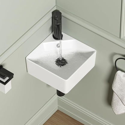 Wall Mount Corner Bathroom Sink, QISHKA 12" X 12" Square Floating Ceramic Wash Hand Basin Small White Wall Mount Vanity Sink with Single Faucet Hole and Overflow
