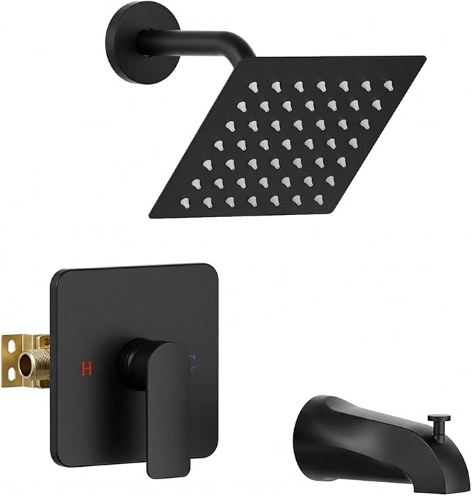 Shower Faucet Set Bathtub Faucet Set with Valve Included Shower Valve Kit with All-Metal High Flow Tub Spout,6 Inch High Pressure Head,Solid Brass Valve Body and Metal Handle Trim,Black