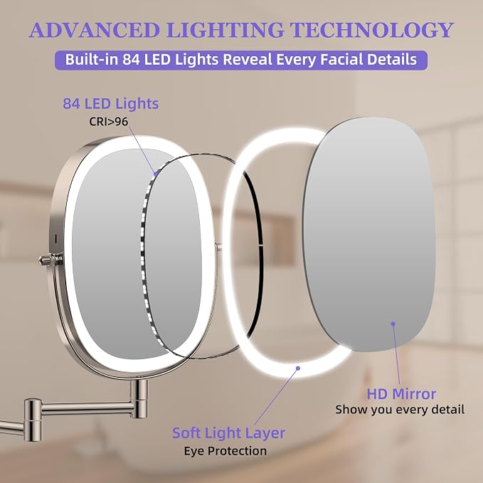 FUNTOUCH 5000mAh Rechargeable Wall Mounted Lighted Makeup Mirror,Nickel | Double Sided 30X/1X Magnifying Mirror Wall Mounted,Extended Arm 360°Rotation,Touch Dimmable,3 Color Lights for Bathroom