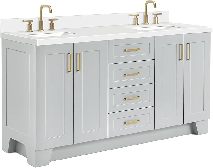 ARIEL Taylor 66-inch Bathroom Vanity with Sink,Solid Wood, 1.5-inch Pure White Quartz Countertop & Backsplash, Double Oval Porcelain Sink, 4 Soft Closing Doors, 5 Dovetail Drawers, Satin Brass, Grey