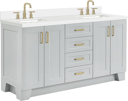 ARIEL Taylor 66-inch Bathroom Vanity with Sink,Solid Wood, 1.5-inch Pure White Quartz Countertop & Backsplash, Double Oval Porcelain Sink, 4 Soft Closing Doors, 5 Dovetail Drawers, Satin Brass, Grey