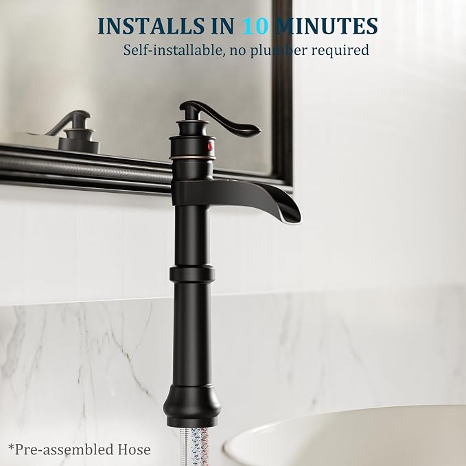 Oil Rubbed Bronze Vessel Sink Faucet Brass Tall Waterfall Bathroom Faucet | Single Handle Bathroom Sink Faucets with Pop Up Drain Without Overflow and Supply Hoses Mixer Tap Deck Mount by BATHLAVISH