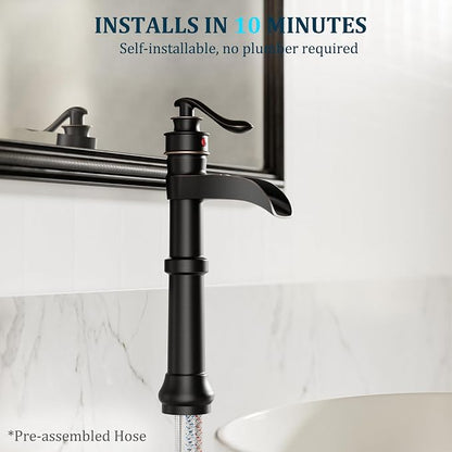 Oil Rubbed Bronze Vessel Sink Faucet Brass Tall Waterfall Bathroom Faucet | Single Handle Bathroom Sink Faucets with Pop Up Drain Without Overflow and Supply Hoses Mixer Tap Deck Mount by BATHLAVISH
