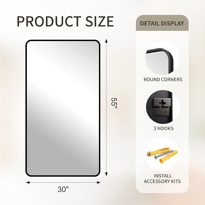 FICTOR Bathroom Mirror for Over Sink, 30"x55" Vanity Mirror for Wall, Black | Shatterproof Tempered Glass, Anti-Rust Frame, Vertical/Horizontal Mounting, Wall Mirror for Bedroom, Living Room, Entryway