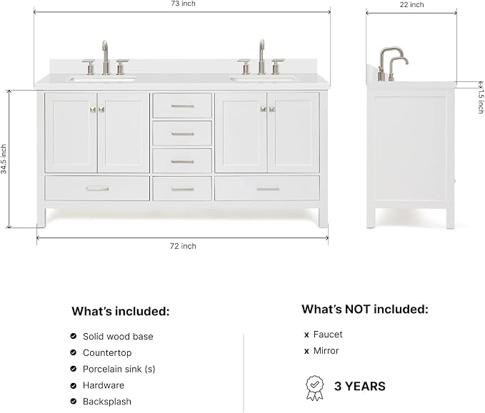 ARIEL Cambridge 72-inch Bathroom Vanity with Sink,Solid Wood, 1.5-inch Pure White Quartz Countertop & Backsplash, Double Rectangular Porcelain Sink, 4 Soft Closing Doors, 6 Dovetail Drawers, White