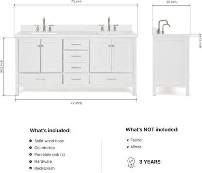 ARIEL Cambridge 72-inch Bathroom Vanity with Sink,Solid Wood, 1.5-inch Pure White Quartz Countertop & Backsplash, Double Rectangular Porcelain Sink, 4 Soft Closing Doors, 6 Dovetail Drawers, White