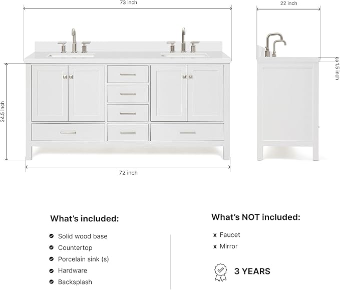 ARIEL Cambridge 72-inch Bathroom Vanity with Sink,Solid Wood, 1.5-inch Pure White Quartz Countertop & Backsplash, Double Rectangular Porcelain Sink, 4 Soft Closing Doors, 6 Dovetail Drawers, White