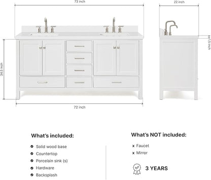 ARIEL Cambridge 72-inch Bathroom Vanity with Sink,Solid Wood, 1.5-inch Pure White Quartz Countertop & Backsplash, Double Rectangular Porcelain Sink, 4 Soft Closing Doors, 6 Dovetail Drawers, White