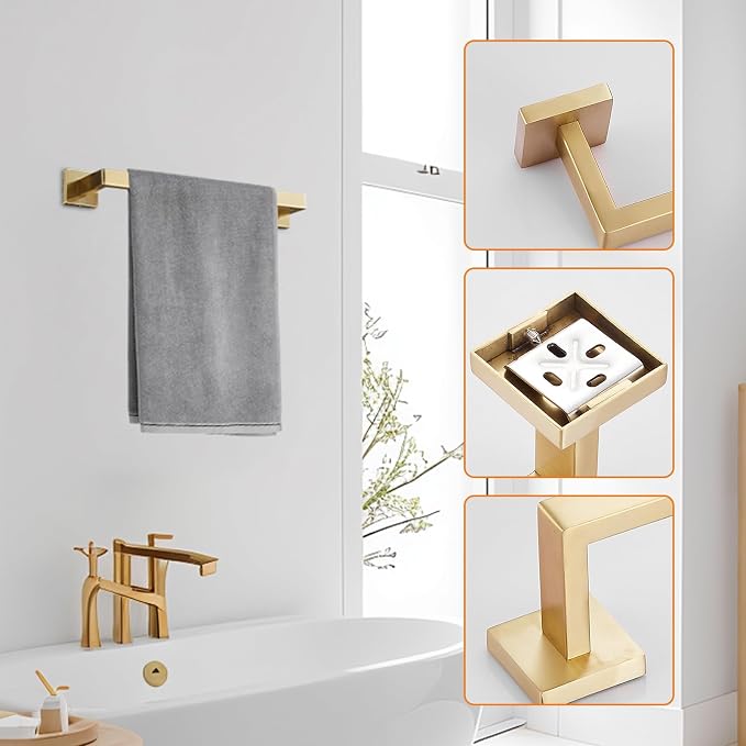 Bathroom Hardware Set 24-Inch Towel Bar,2pcs Towel Hook,Toilet Paper Holder,Hand Towel Holder Stainless Steel Brushed Gold Bathroom Accessories GTS3190BG | SUS304 Stainless Steel,finished by Brushed Gold