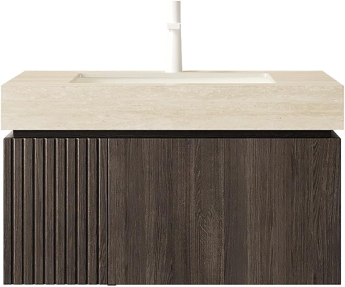 KEIKI 30 Inch Floating Bathroom Vanity with Sink, Espresso & Beige | Modern Wall Mounted Storage Cabinet w/ Drawer & Door, Pre-assembled Wood Panels, Sintered Stone Top & Ceramic Basin Combo Set