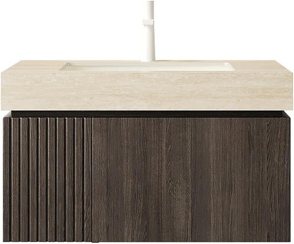 KEIKI 30 Inch Floating Bathroom Vanity with Sink, Espresso & Beige | Modern Wall Mounted Storage Cabinet w/ Drawer & Door, Pre-assembled Wood Panels, Sintered Stone Top & Ceramic Basin Combo Set