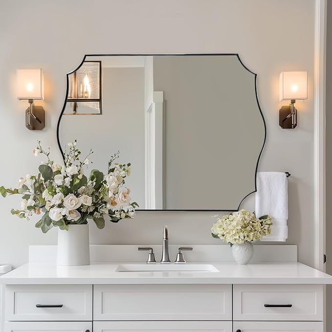 ANDY STAR Large Brushed Nickel Mirror, 30x40 Inch Scalloped Bathroom Mirror, Modern Rectangle Mirror with Unique Wavy Design, Ideal for Home Decor, Rust-Proof Stainless Steel 1" Frame