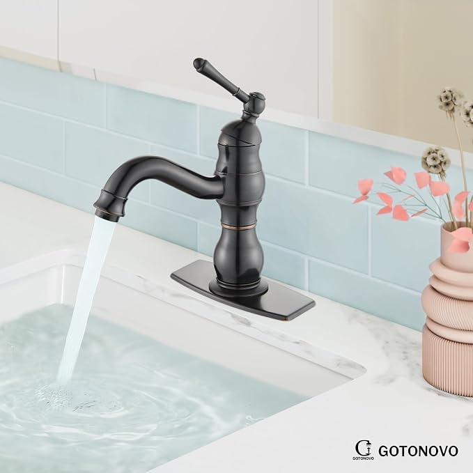 gotonovo Bathroom Faucet 1 Hole Vintage,Oil Rubbed Bronze,5.9” Spout Reach | Bathroom Sink Faucet for 1 or 3 Hole Single Handle,Deck Plate,360° Swivel Spout,Pop Up Drain,cUPC Supply Hoses,for Vanity RV