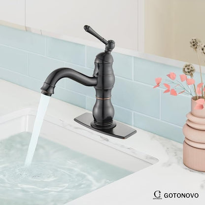 gotonovo Bathroom Faucet 1 Hole Vintage,Oil Rubbed Bronze,5.9” Spout Reach | Bathroom Sink Faucet for 1 or 3 Hole Single Handle,Deck Plate,360° Swivel Spout,Pop Up Drain,cUPC Supply Hoses,for Vanity RV