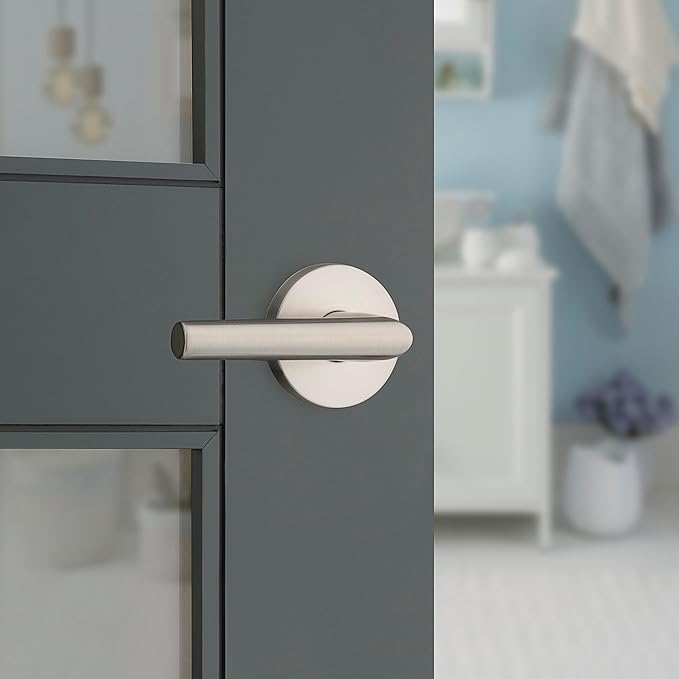 Kwikset Milan Interior Privacy Door Handle with Lock, Door Lever For Bathroom and Bedroom, Satin Nickel Reversible Keyless Push Button Lock Door Lever