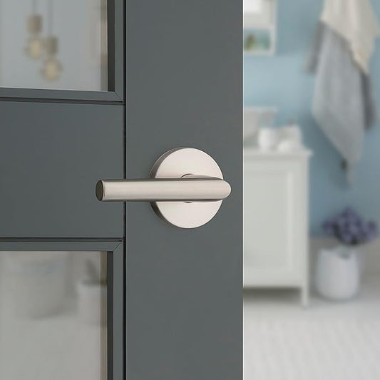 Kwikset Milan Interior Privacy Door Handle with Lock, Door Lever For Bathroom and Bedroom, Satin Nickel Reversible Keyless Push Button Lock Door Lever