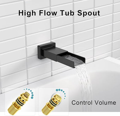 SR SUN RISE 12 Inch All Metal Square Shower System with Tub Spout, Tub Shower Faucet Set, High Pressure Rain Shower Head and Handheld Sprayer Shower Fixtues, Valve Included, Matte Black