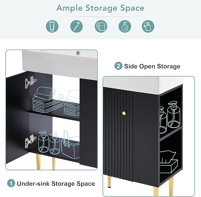 21.6 in Small Bathroom Vanity with Sink,Doors and Storage Shelves,Wood Modern Single Fluted Bathroom Sink Cabinet Freestanding (Black,Right Shelf)