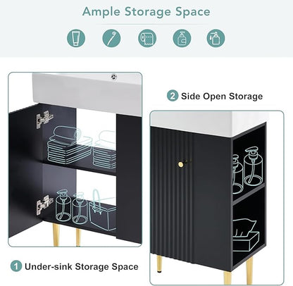 21.6 in Small Bathroom Vanity with Sink,Doors and Storage Shelves,Wood Modern Single Fluted Bathroom Sink Cabinet Freestanding (Black,Right Shelf)