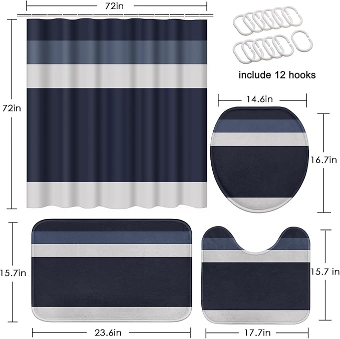 Bathroom Sets with Shower Curtain and Rugs 4 Pcs, Geometric | Striped Minimalist Navy Blue Bathroom Decor Set with Toilet Lid Cover, Non-Slip Bath Mats and Accessories 12 Hooks