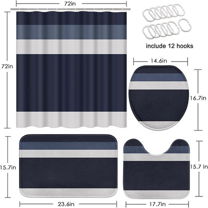 Bathroom Sets with Shower Curtain and Rugs 4 Pcs, Geometric | Striped Minimalist Navy Blue Bathroom Decor Set with Toilet Lid Cover, Non-Slip Bath Mats and Accessories 12 Hooks