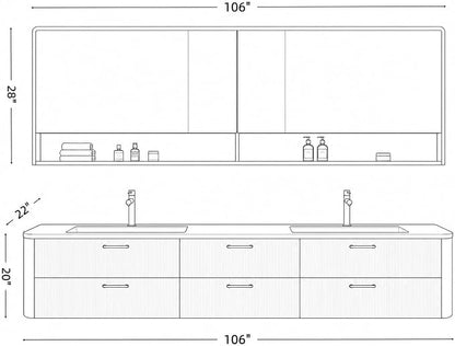 106 in Double Bathroom Vanity with Sinks - Modern Floating Bathroom Vanity with Solid Wood Cabinet, Anti-Fog Mirror and Integrated Stone Sinks | Wall Mounted Design | Ample Storage