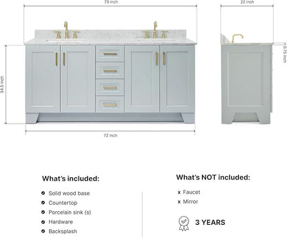 ARIEL Taylor 72-inch Bathroom Vanity with Sink,Solid Wood, 0.75-inch Italian Carrara Marble Countertop, Double Rectangular Porcelain Sink, 4 Soft Closing Doors, 6 Dovetail Drawers, Grey