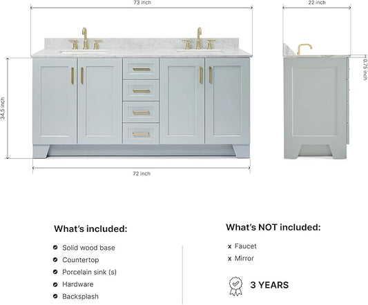 ARIEL Taylor 72-inch Bathroom Vanity with Sink,Solid Wood, 0.75-inch Italian Carrara Marble Countertop, Double Rectangular Porcelain Sink, 4 Soft Closing Doors, 6 Dovetail Drawers, Grey