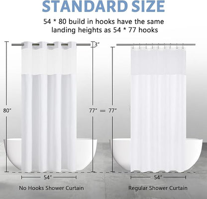 Furlinic Stall Shower Curtain No Hook with Snap in Liner,Waffle Weave Waterproof Bathroom Curtains with See Through Top Window & Weighted Magnets,White,54x80 Inch