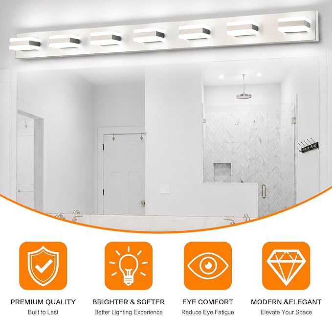 SOLFART Bathroom Vanity Lighting Over Mirror,7 Lights Brushed Nickel Vanity Light, Modern LED Light Fixtures,53 Inch for Bathroom