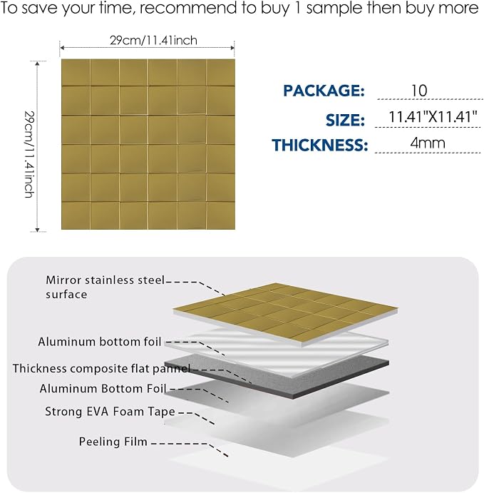 Yipscazo 10 Sheet Peel and Stick Backsplash Mosaic Tiles Stainless Steel Metal Kitchen Backsplash Stick on Tiles for Stove, Bathroom, Laundry in Mirror Gold (11.8'' x 11.8'')