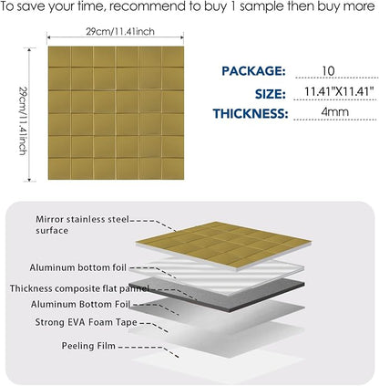 Yipscazo 10 Sheet Peel and Stick Backsplash Mosaic Tiles Stainless Steel Metal Kitchen Backsplash Stick on Tiles for Stove, Bathroom, Laundry in Mirror Gold (11.8'' x 11.8'')