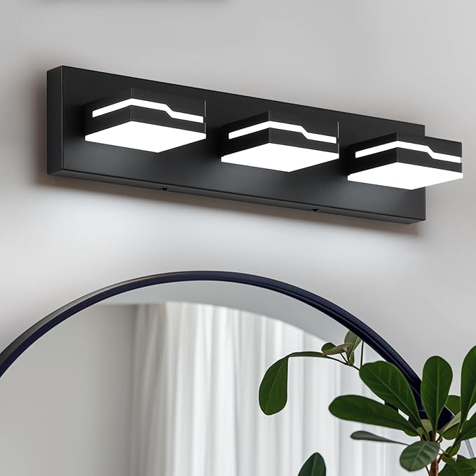 LED Modern Bathroom Vanity Light Fixtures 3-Light, 19 inch Dimmable Matte Black Vanity Lights for Bathroom Lighting Fixtures Over Mirror, with 350°Rotatable Acrylic Heads(White Light 5500K)