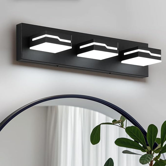 LED Modern Bathroom Vanity Light Fixtures 3-Light, 19 inch Dimmable Matte Black Vanity Lights for Bathroom Lighting Fixtures Over Mirror, with 350°Rotatable Acrylic Heads(White Light 5500K)