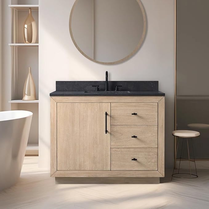 Vanity Art 42" Bathroom Vanity with Sink, Vanity Cabinet with Doors and Shelf, Modern Wood Bathroom Vanity with White Marble Top, Solid Wood Frame, 2 Right Functioning Shaker Drawer,VA70-42-LW-B