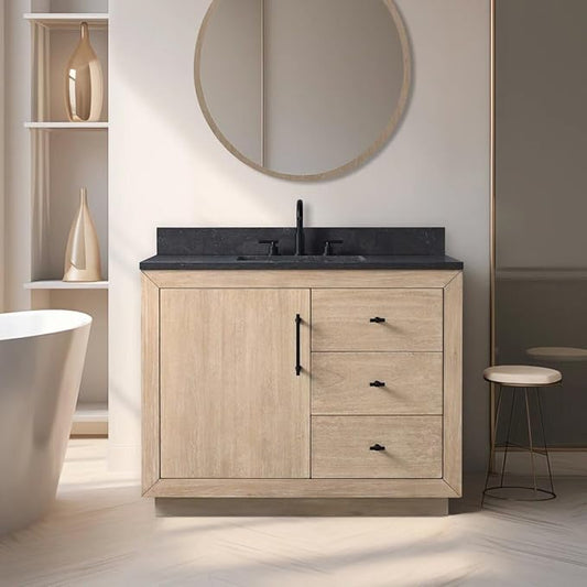 Vanity Art 42" Bathroom Vanity with Sink, Vanity Cabinet with Doors and Shelf, Modern Wood Bathroom Vanity with White Marble Top, Solid Wood Frame, 2 Right Functioning Shaker Drawer,VA70-42-LW-B