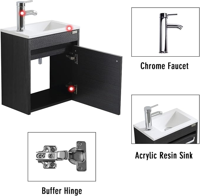 wonline 16” Bathroom Vanity Sink Combo for Small Space Black Wall Mounted Cabinet Set Design White Resin Basin Sink Top Chrome Faucet