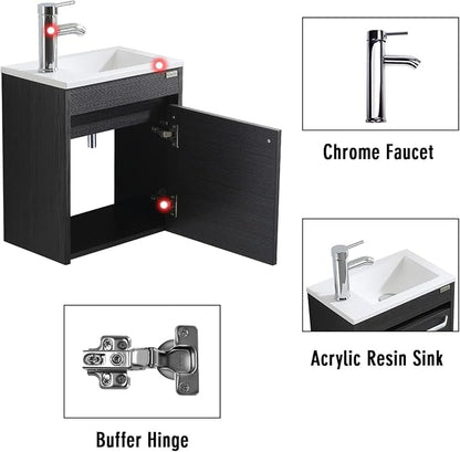wonline 16” Bathroom Vanity Sink Combo for Small Space Black Wall Mounted Cabinet Set Design White Resin Basin Sink Top Chrome Faucet