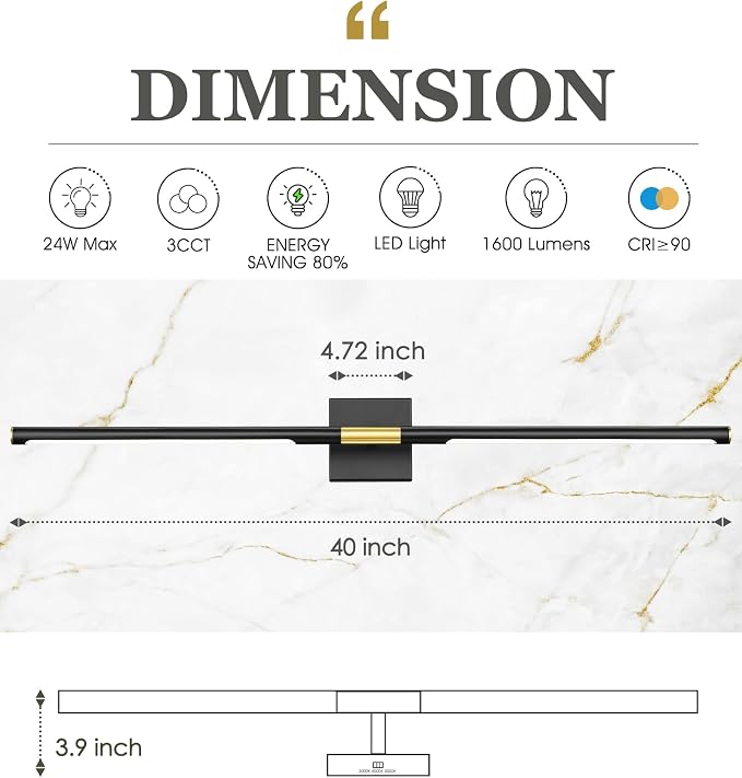 40 Inch Bathroom Light Fixtures, 24W 3CCT Dimmable Black and Gold LED Vanity Lighting Fixtures Over Mirror, 360?Rotatable Modern Bathroom Vanity Light Bar, AD-W9465-L100-BK
